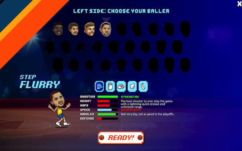 BasketBros character customization screen showing various player options and outfits